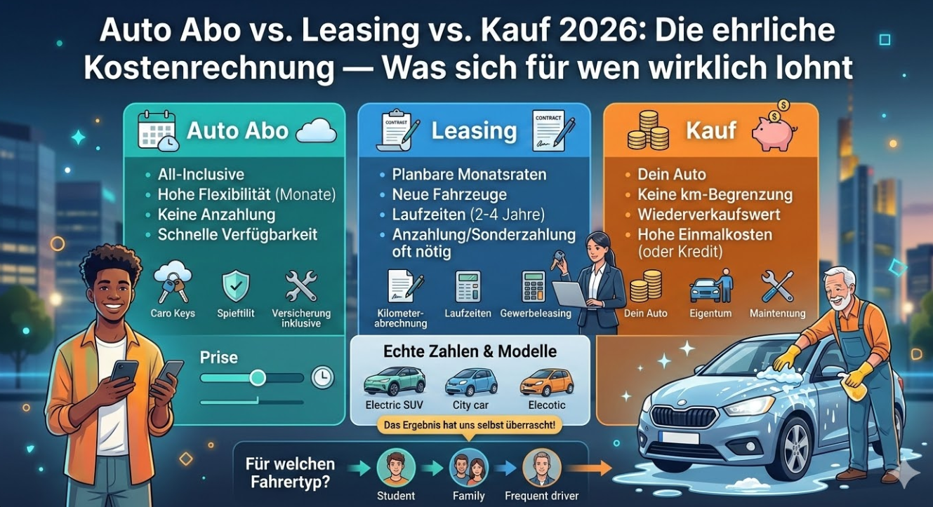 Auto Abo vs Leasing vs Kauf 2026: Die ehrliche Kostenrechnung — Was sich für wen wirklich lohnt