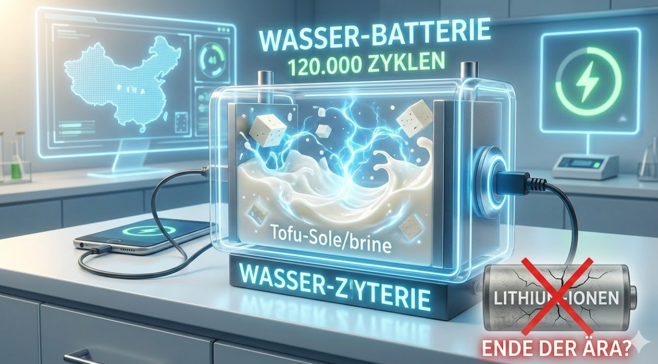 Wasser-Batterie China: 120.000 Ladezyklen, nicht brennbar, aus Tofu-Sole — Das Ende der Lithium-Ära?